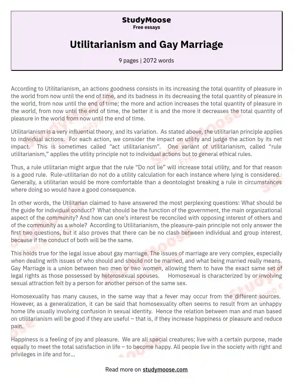 Utilitarianism and Gay Marriage essay