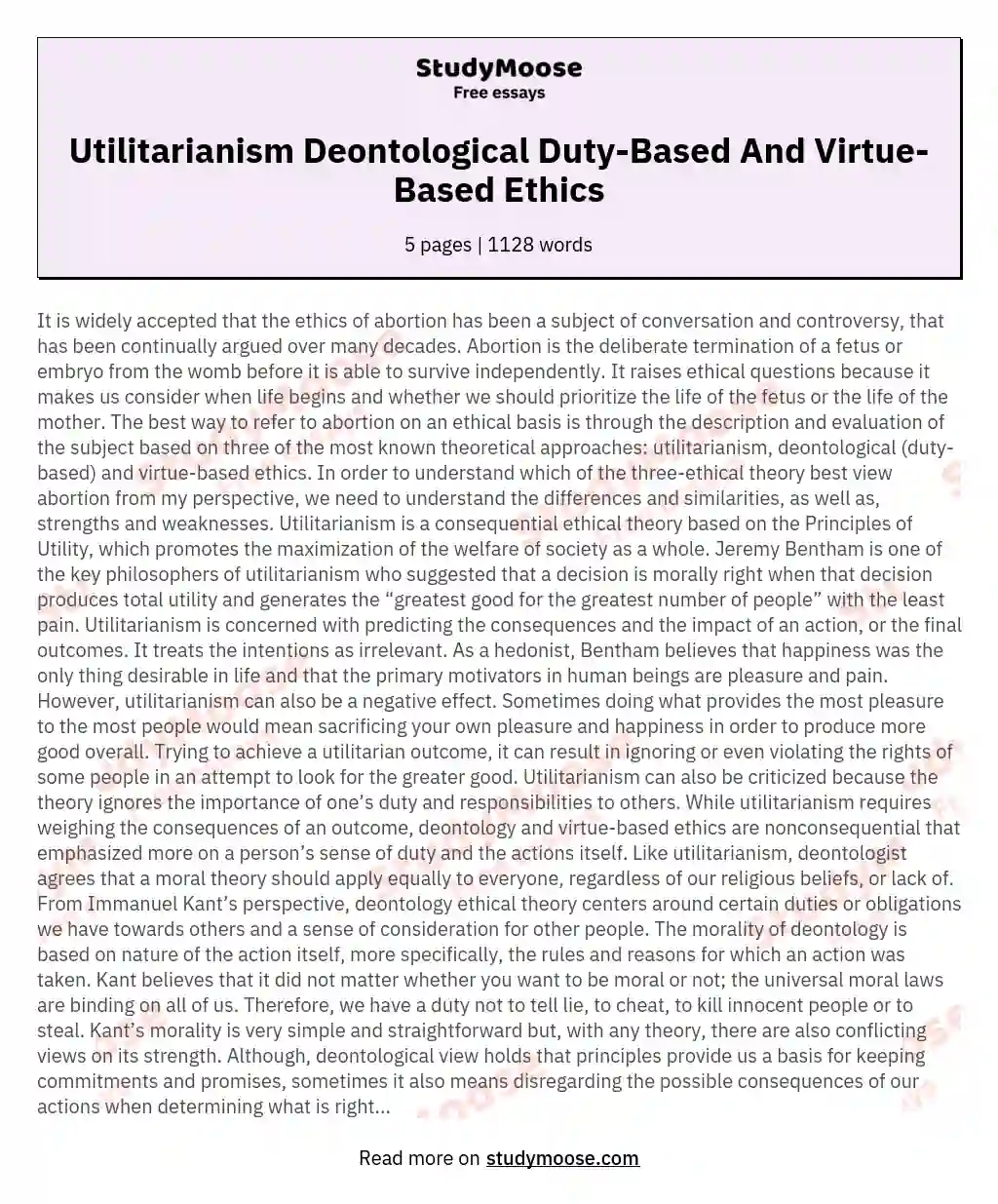 Utilitarianism Deontological Duty-Based And Virtue-Based Ethics essay