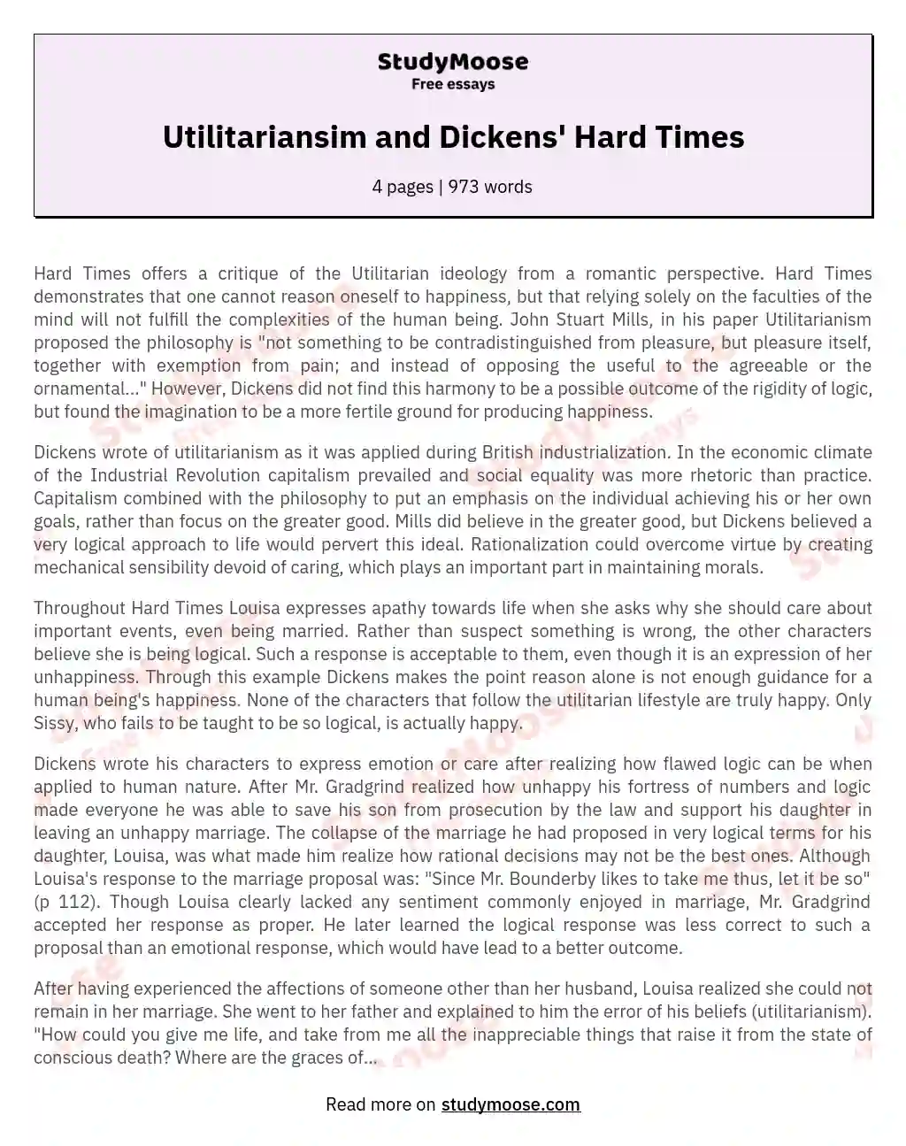 Utilitariansim and Dickens' Hard Times essay