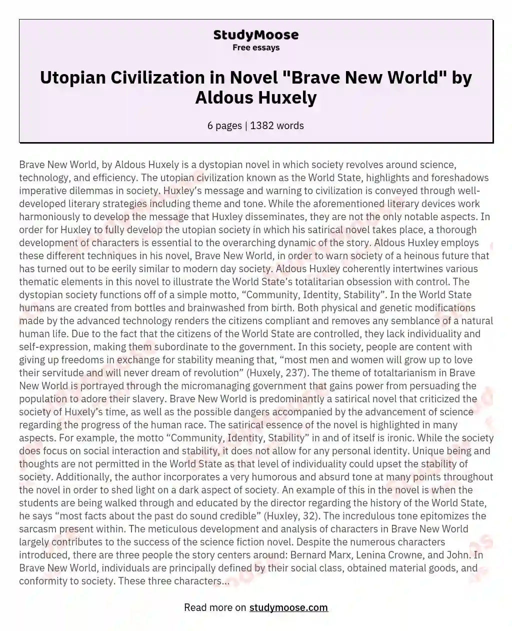 Utopian Civilization in Novel "Brave New World" by Aldous Huxely
