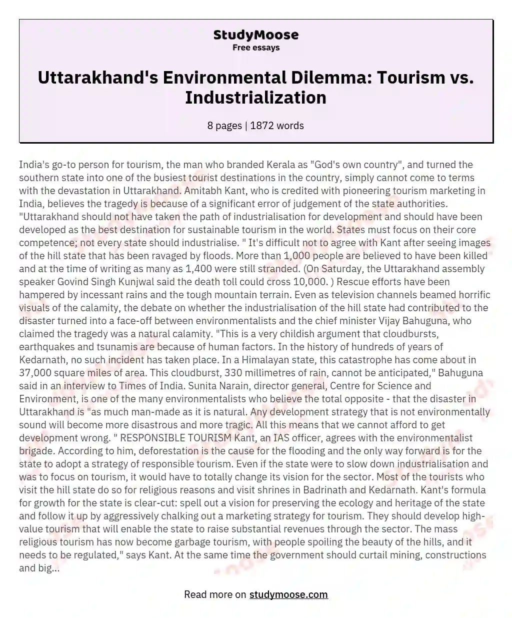 Uttarakhand's Environmental Dilemma: Tourism vs. Industrialization essay