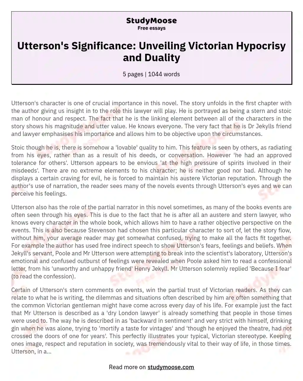 Utterson's Significance: Unveiling Victorian Hypocrisy and Duality essay