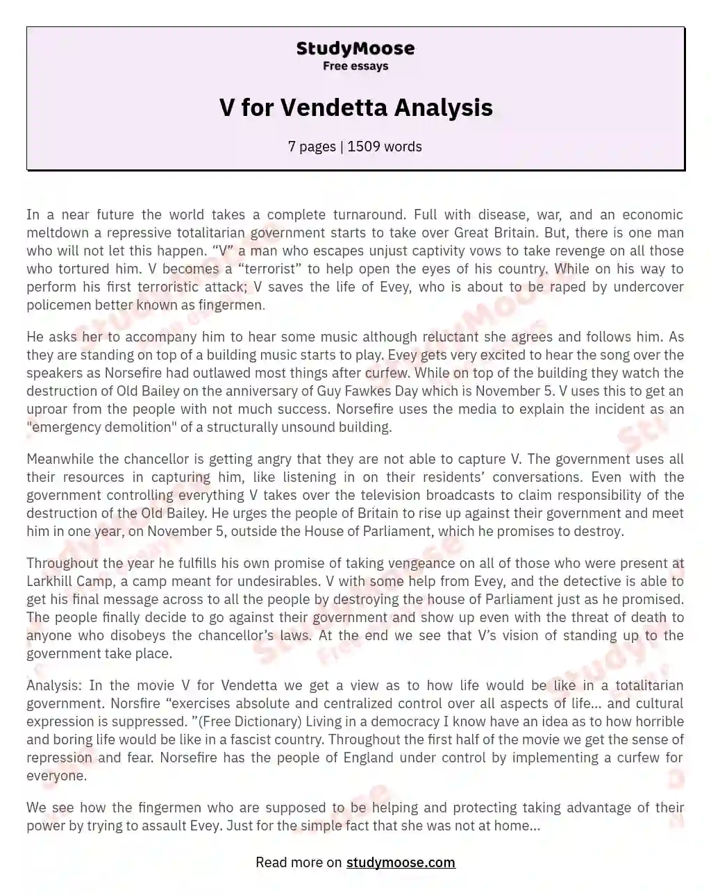 V for Vendetta Analysis essay