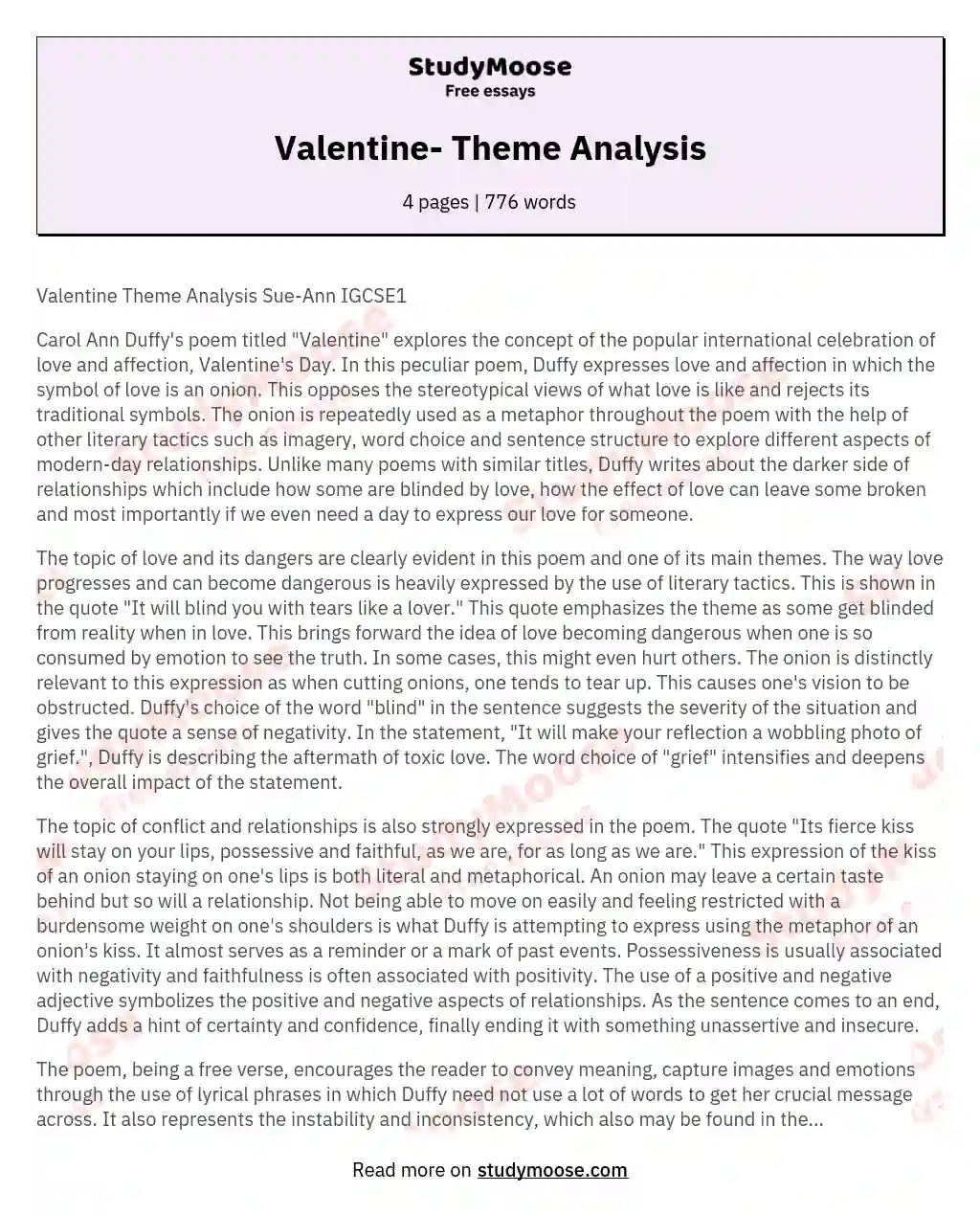 Valentine- Theme Analysis essay