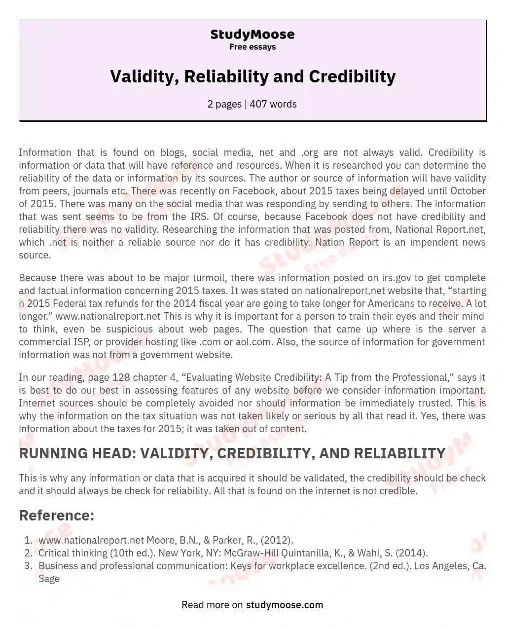Validity, Reliability and Credibility