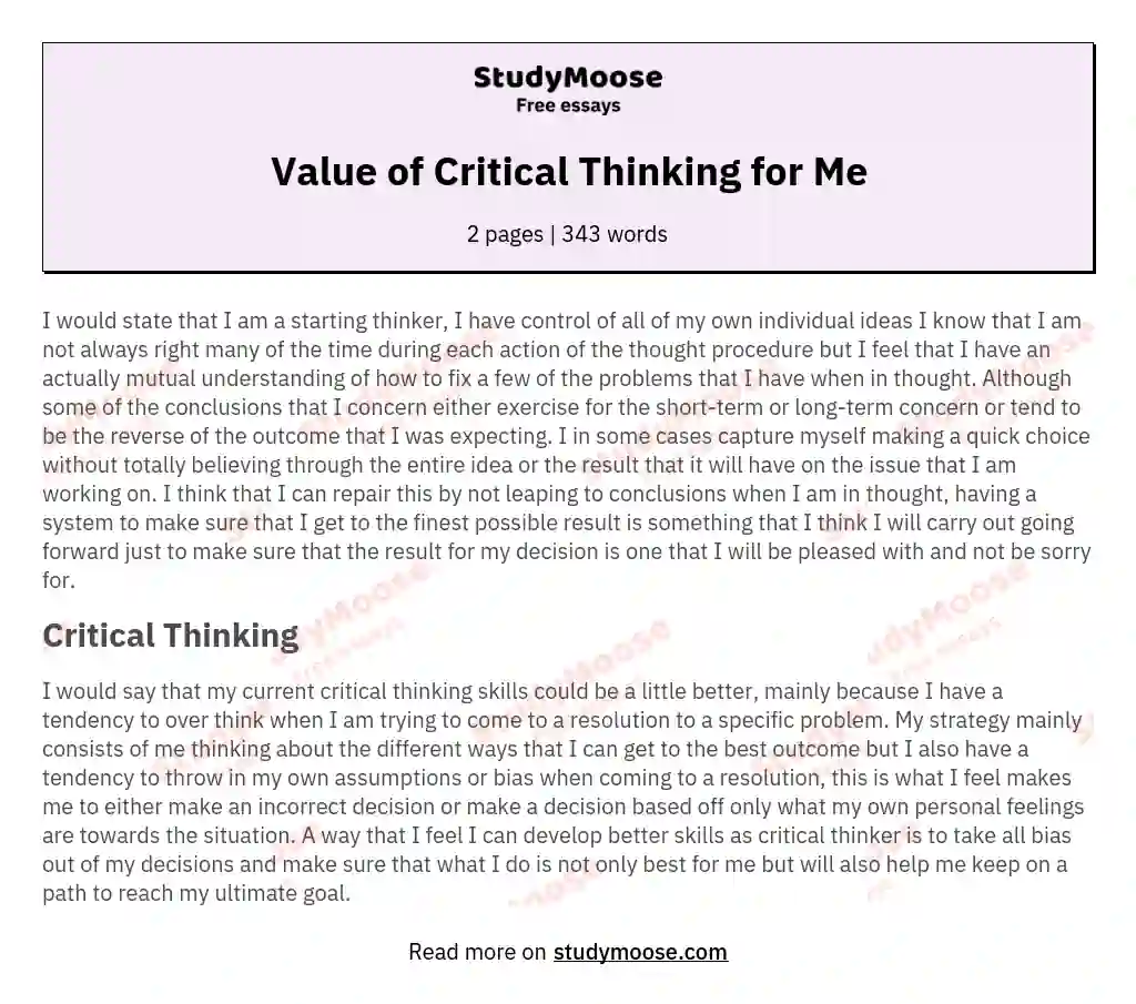 Value of Critical Thinking for Me essay