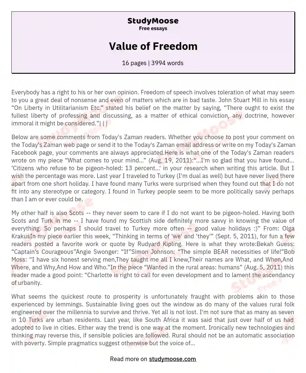 Value of Freedom essay