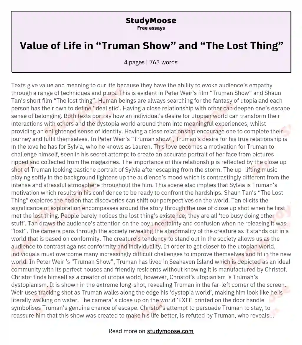 Value of Life in “Truman Show” and “The Lost Thing” essay