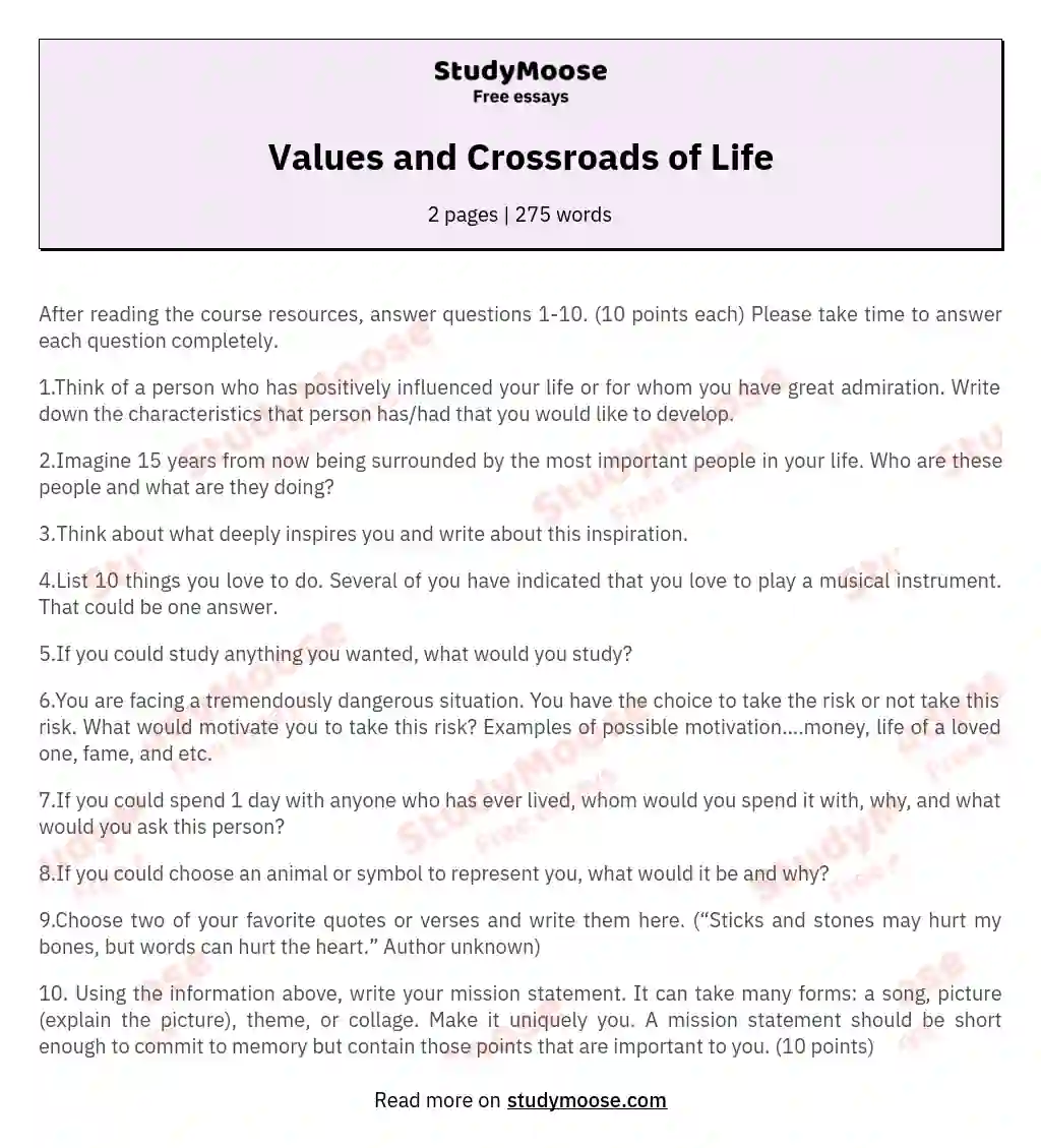 Values and Crossroads of Life essay