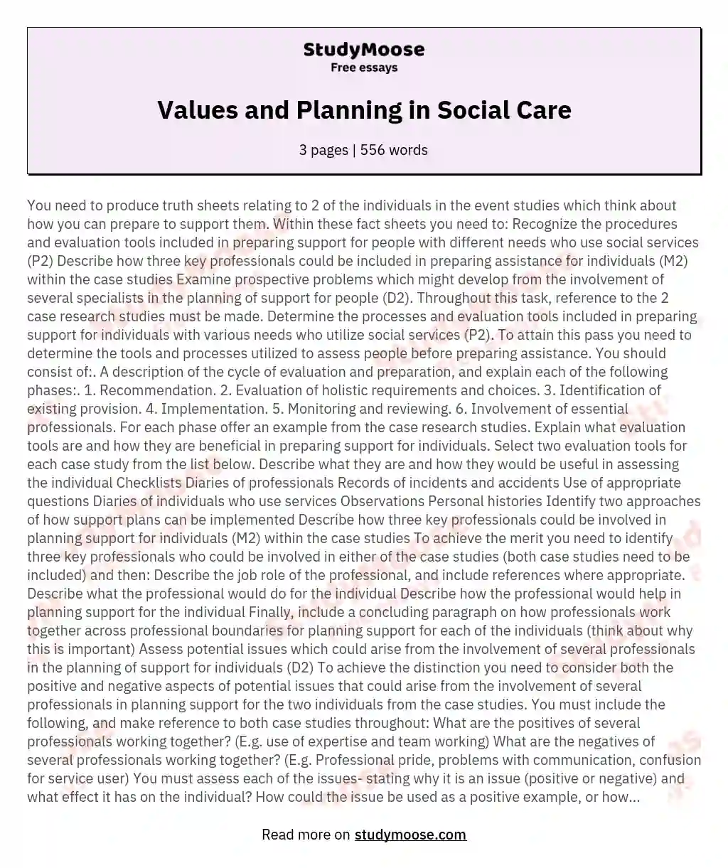 Values and Planning in Social Care essay