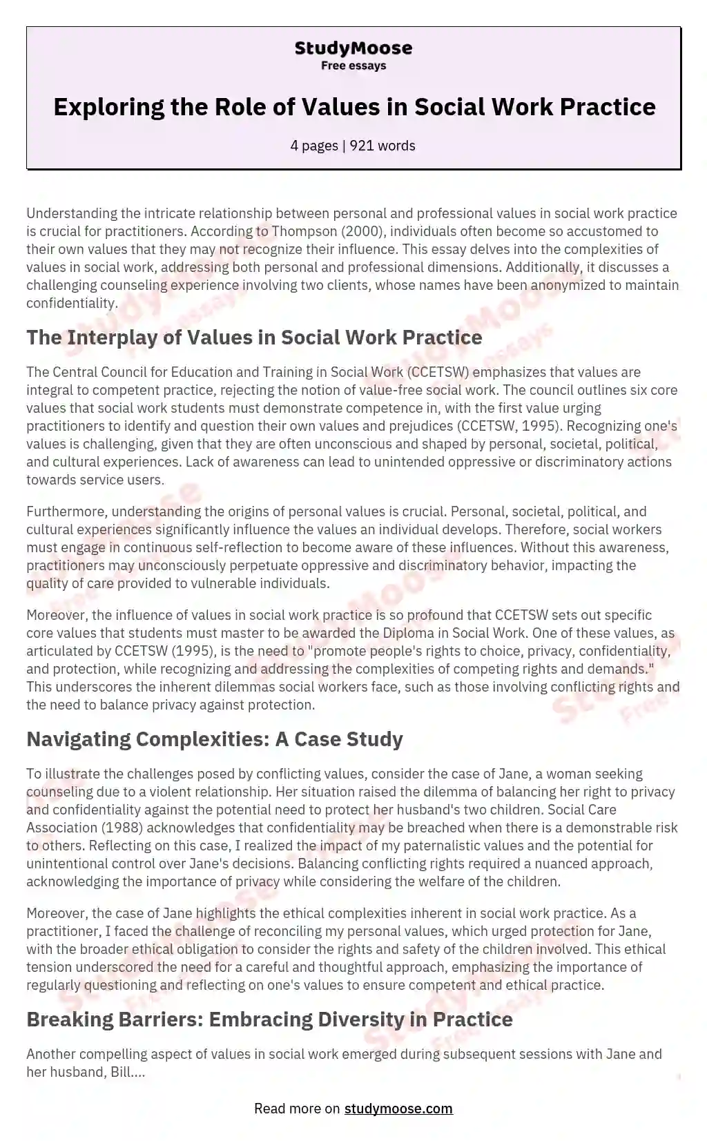 personal and professional values in social work essay