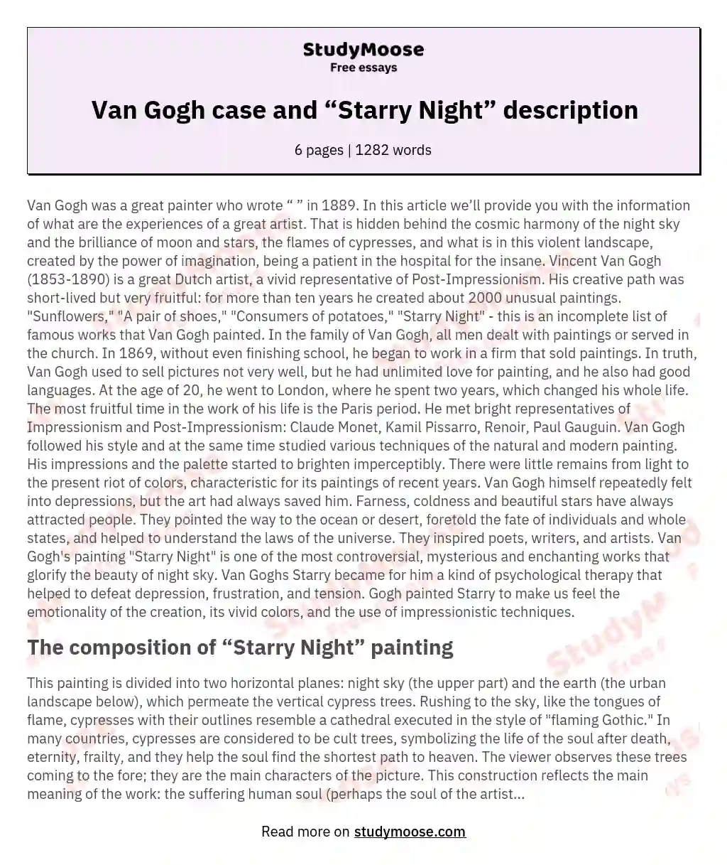 Van Gogh case and “Starry Night” description essay
