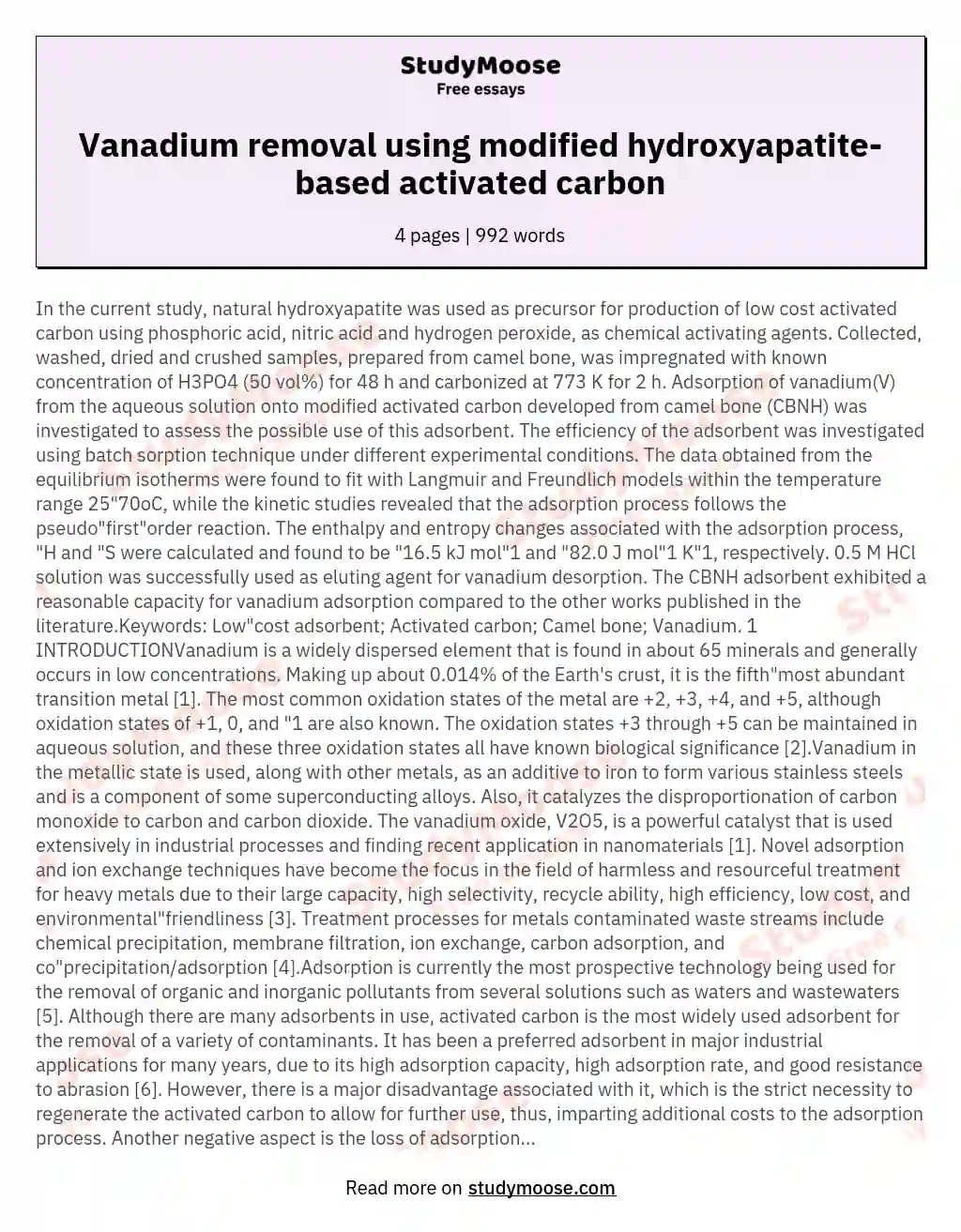 Vanadium(V) removal and recovery by adsorption onto modified activated carbon derived from natural hydroxyapatite