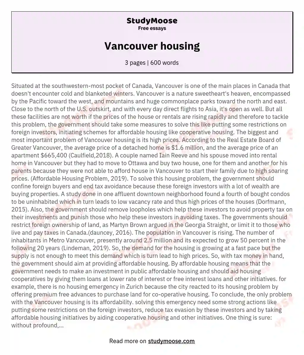 Vancouver housing essay