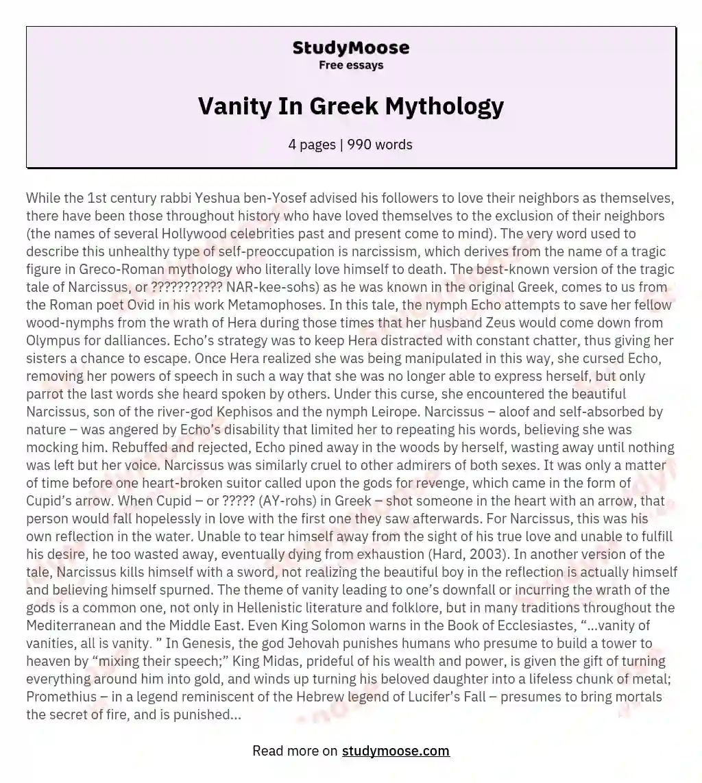 Vanity In Greek Mythology essay
