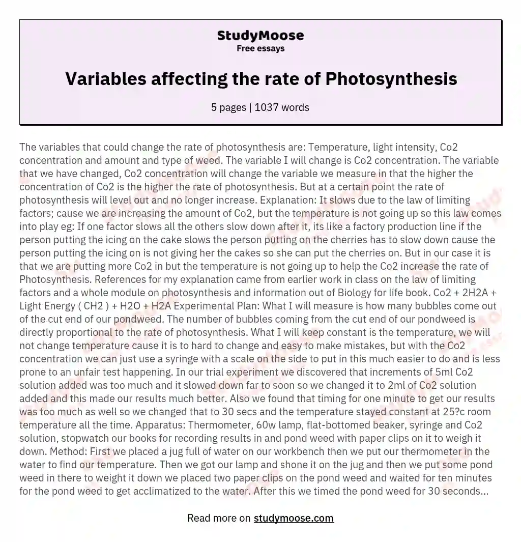 Variables affecting the rate of Photosynthesis