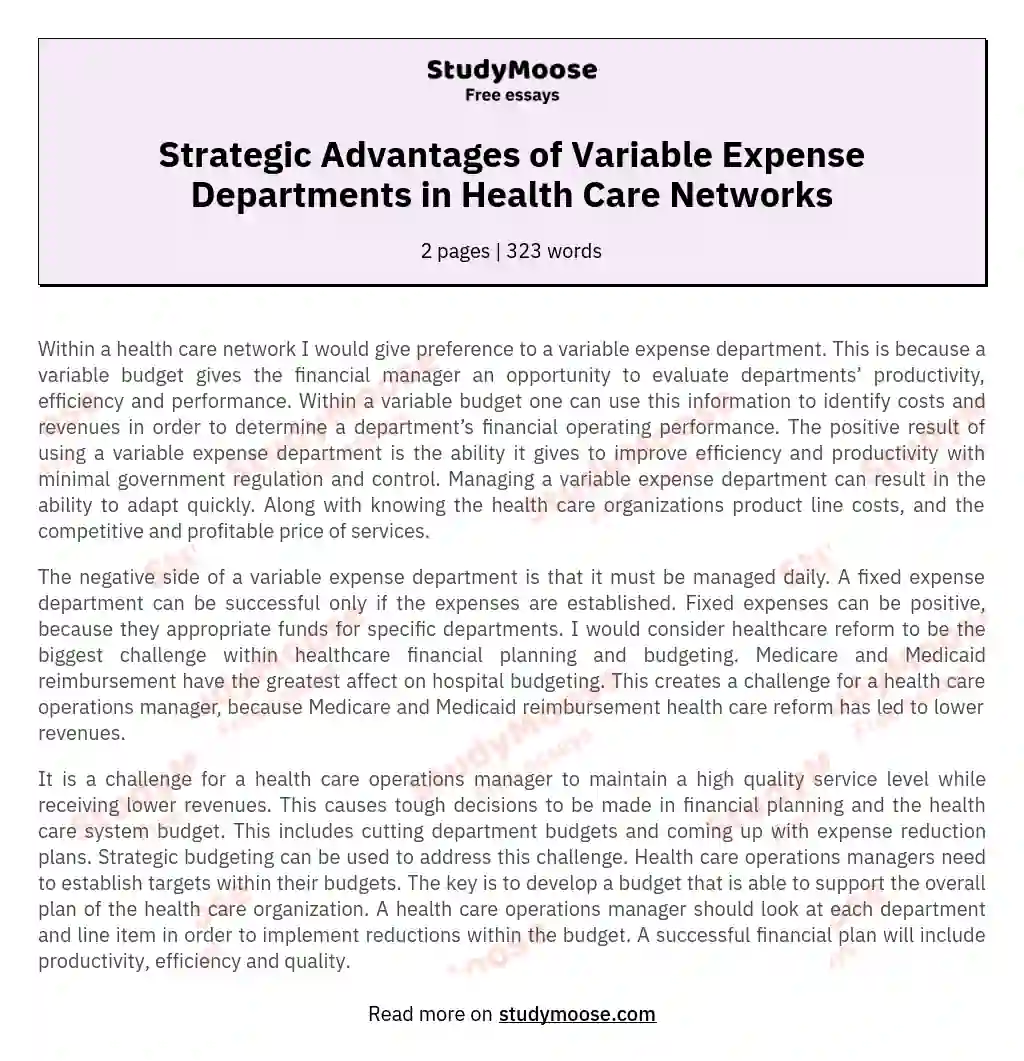 Strategic Advantages of Variable Expense Departments in Health Care Networks essay