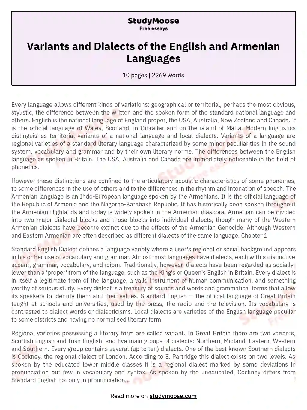 Variants and Dialects of the English and Armenian Languages essay