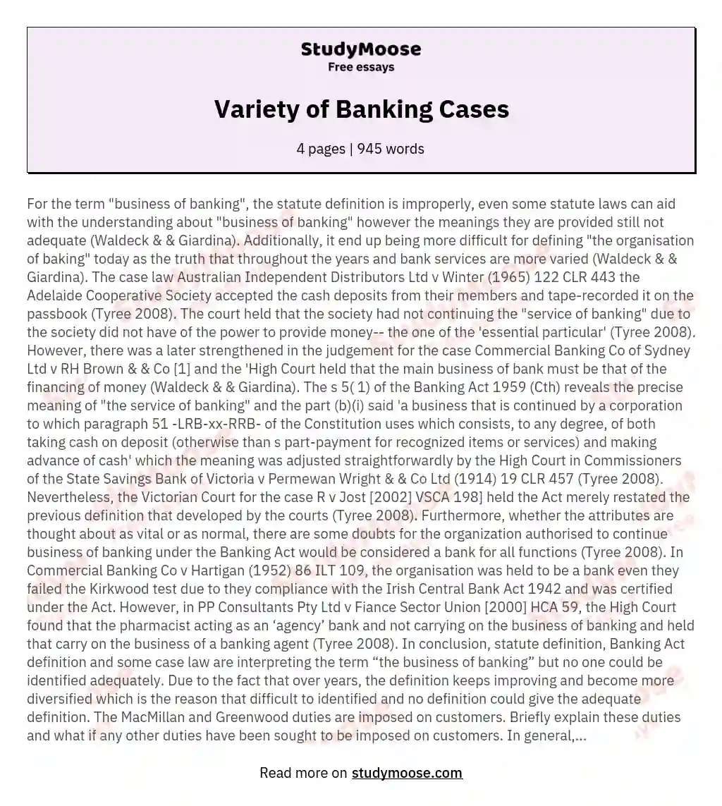 Variety of Banking Cases essay