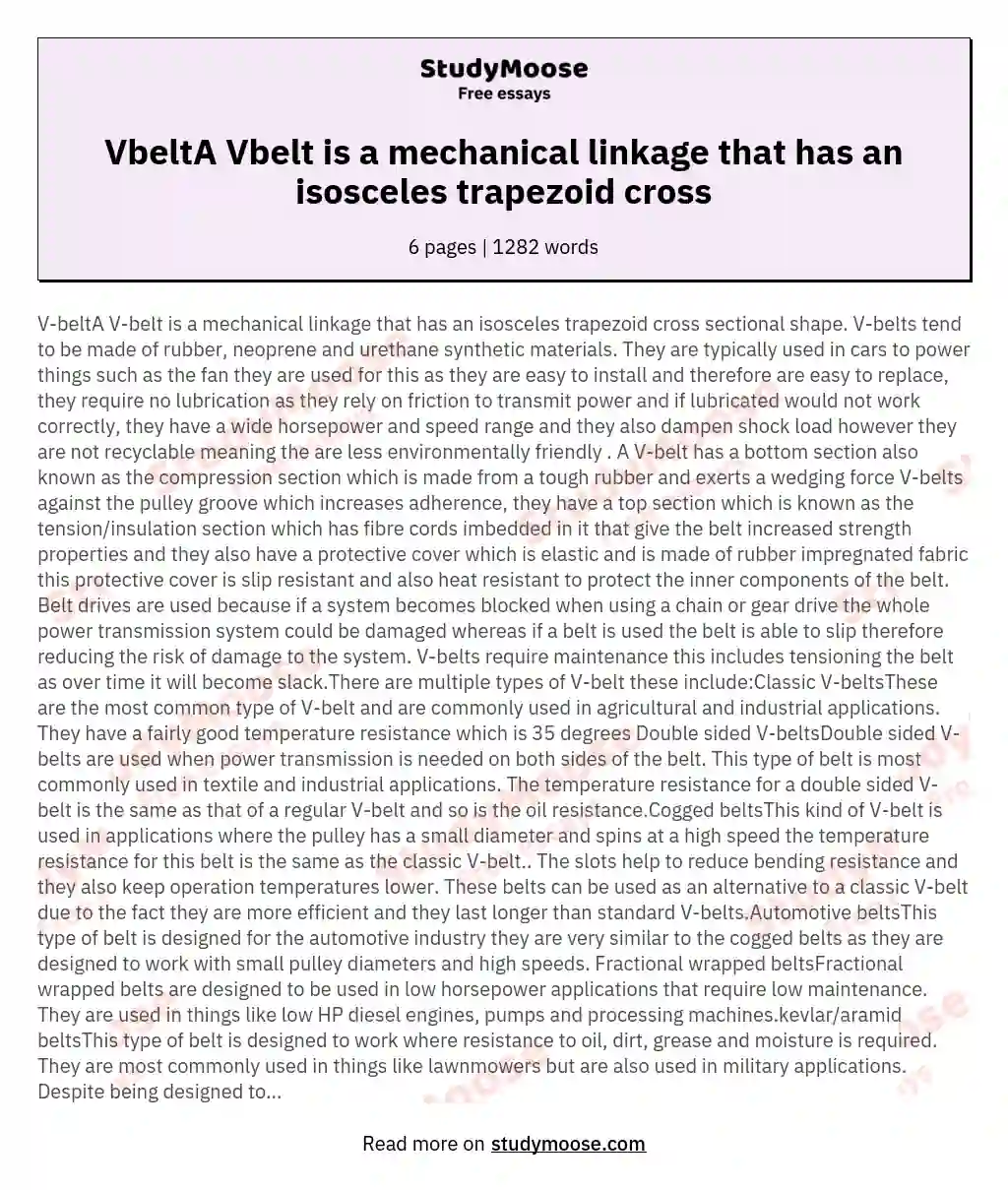 VbeltA Vbelt is a mechanical linkage that has an isosceles trapezoid cross essay