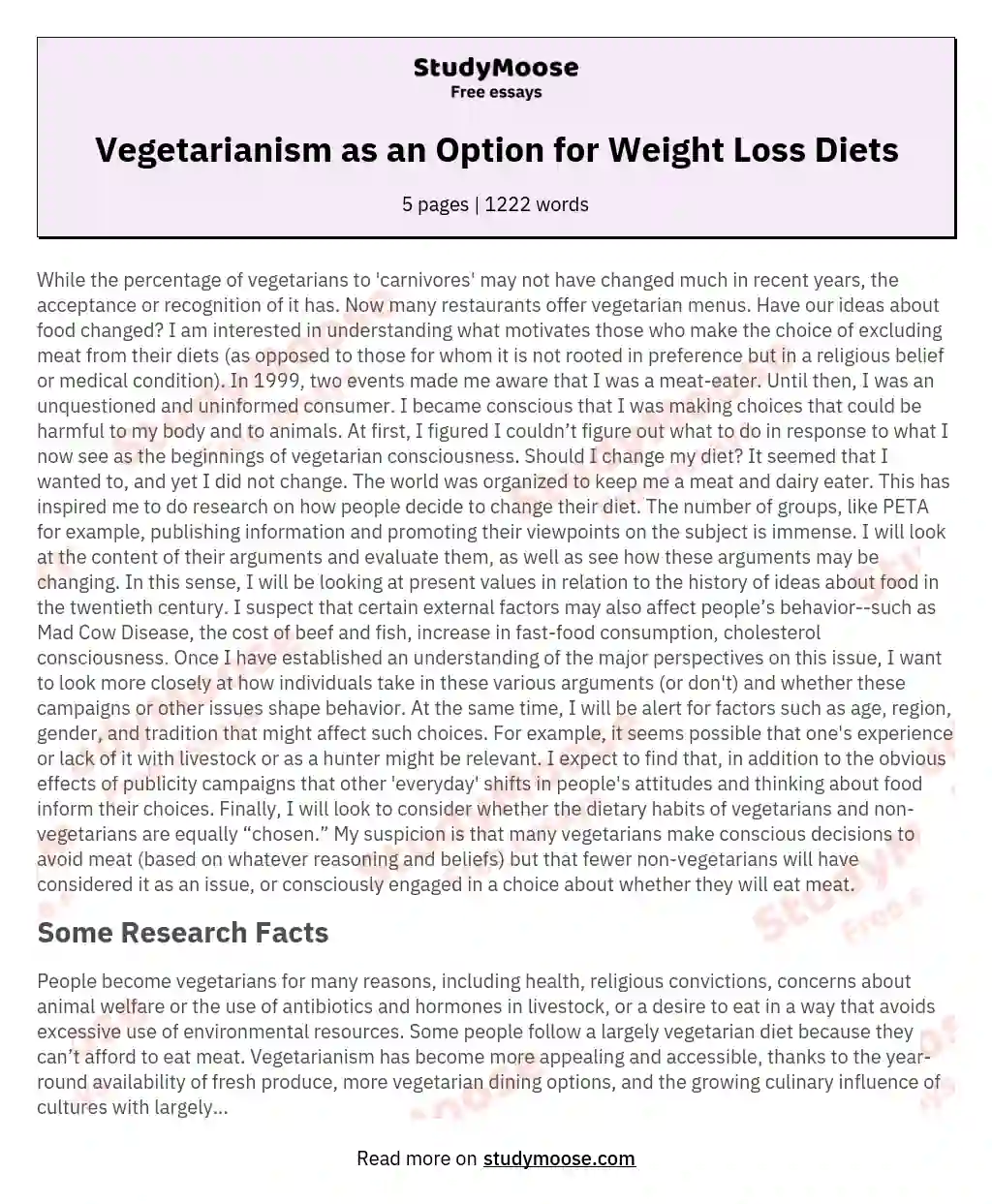 Vegetarianism as an Option for Weight Loss Diets essay