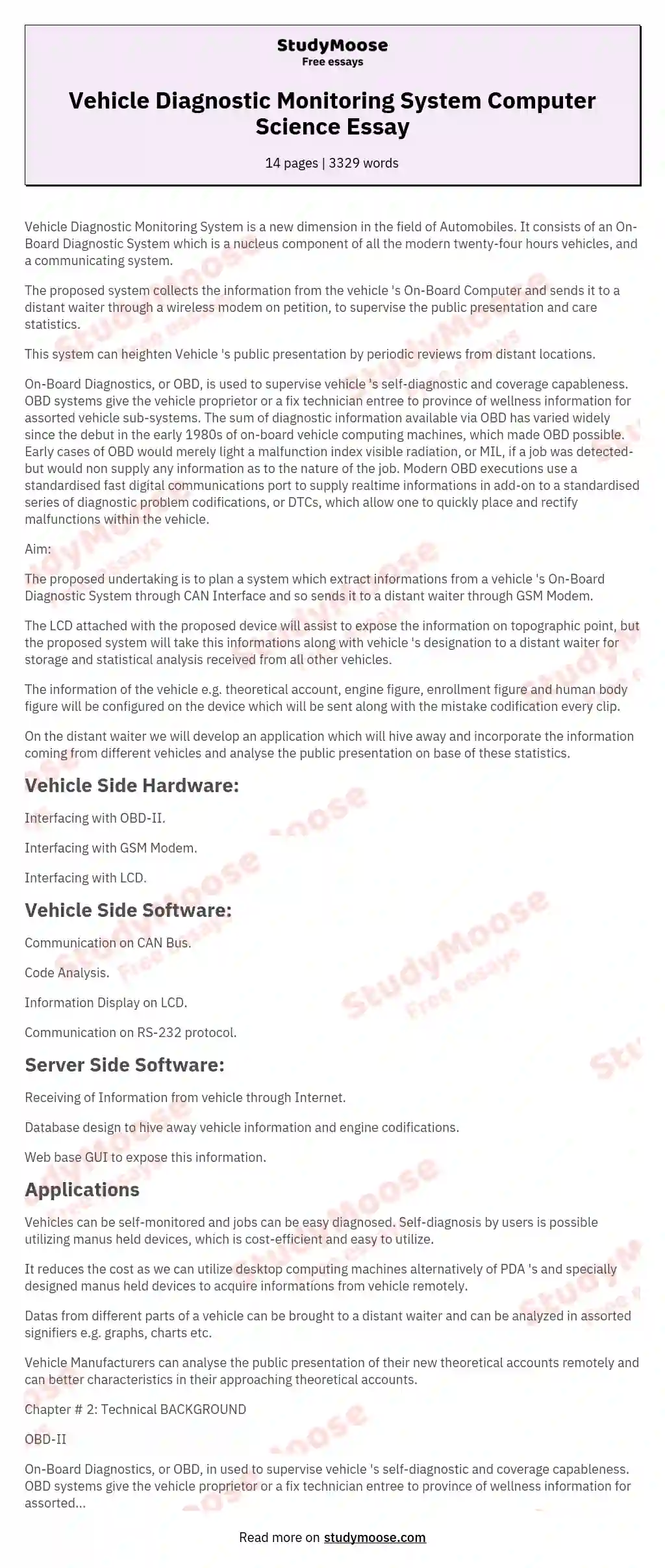 Vehicle Diagnostic Monitoring System Computer Science Essay