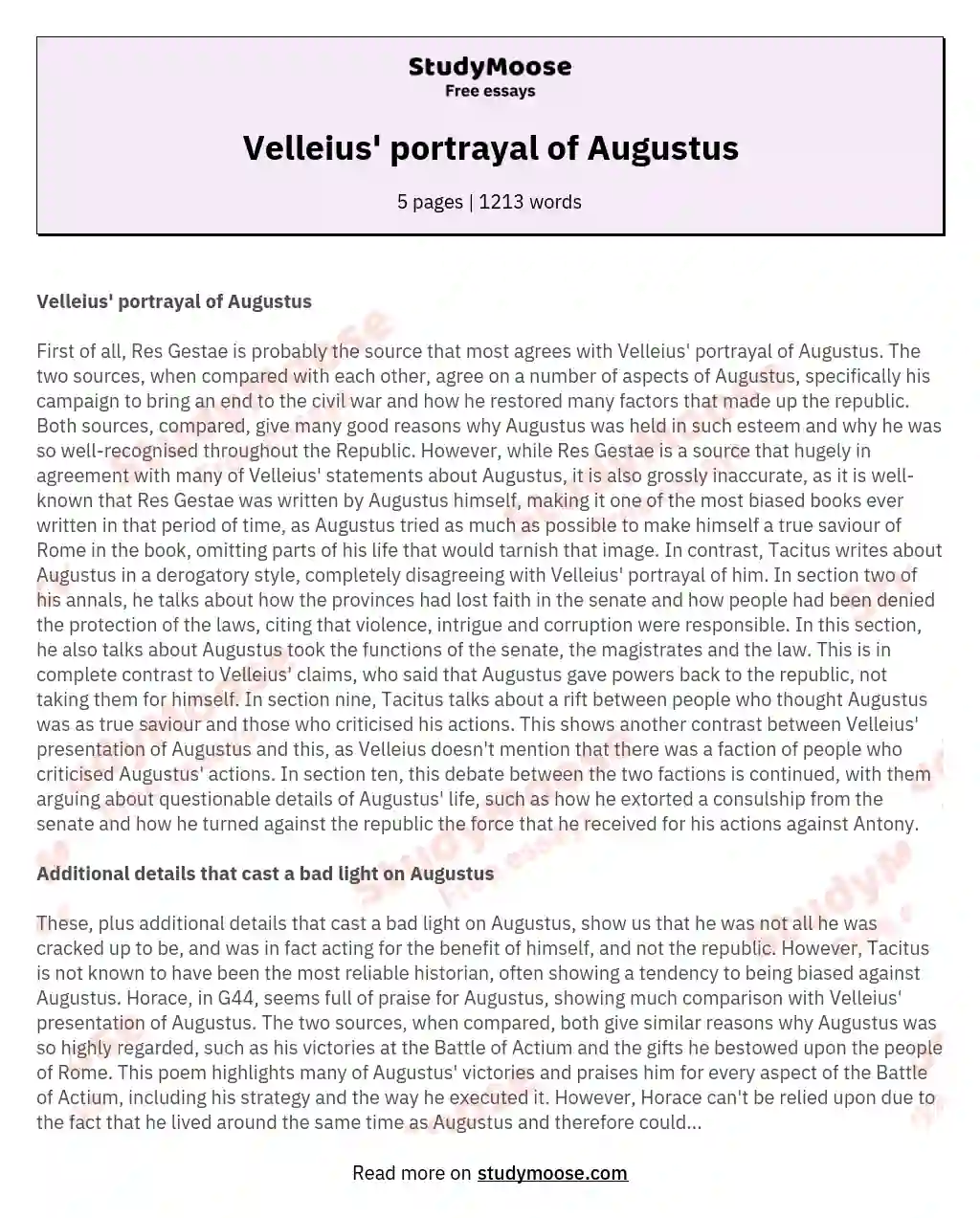 Velleius' portrayal of Augustus essay