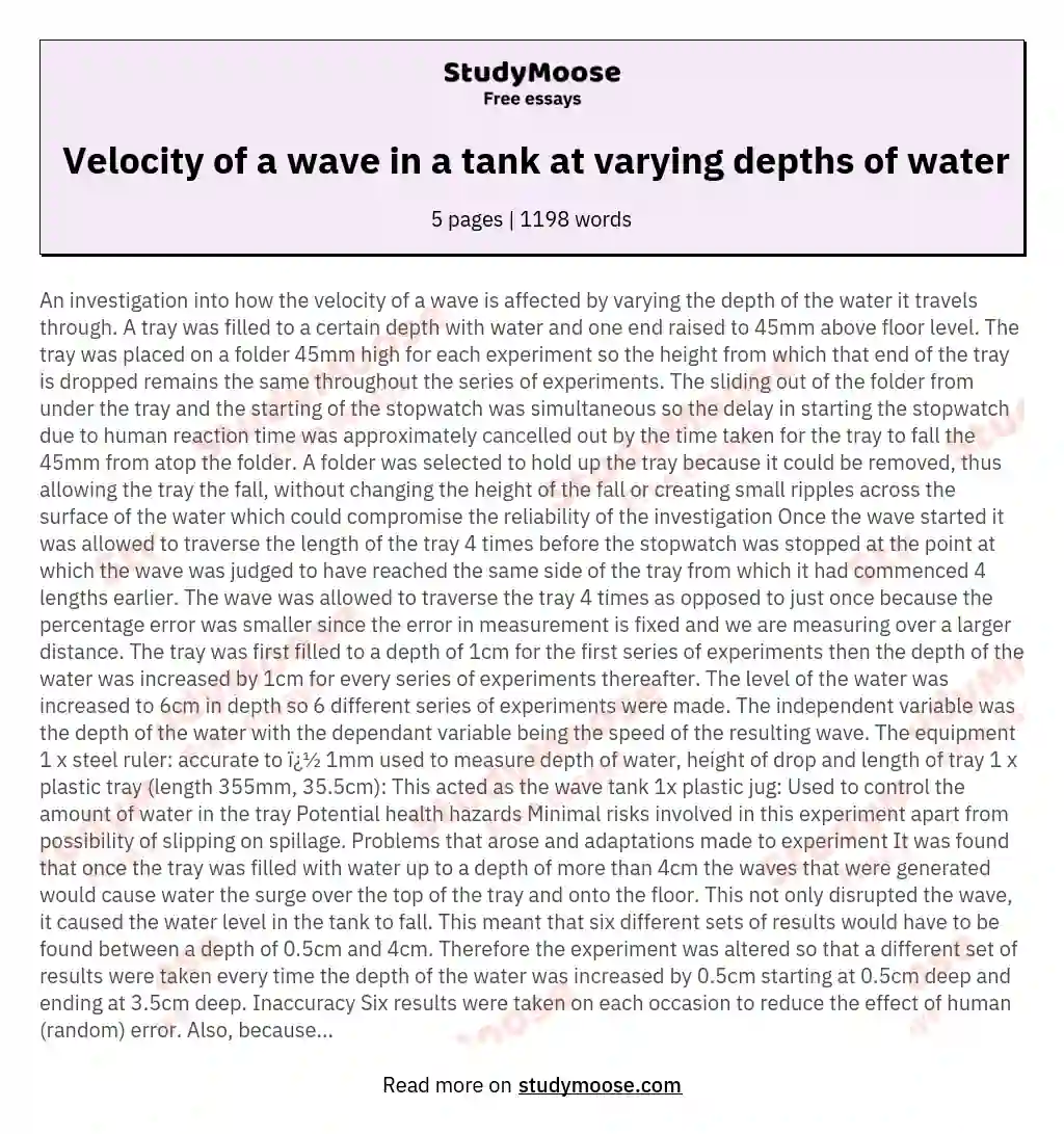 Velocity of a wave in a tank at varying depths of water essay