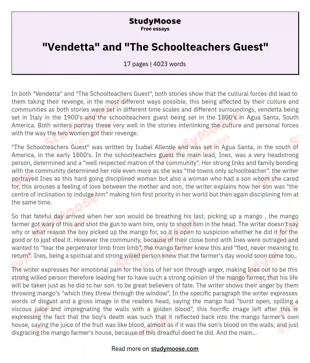 "Vendetta" and "The Schoolteachers Guest" essay