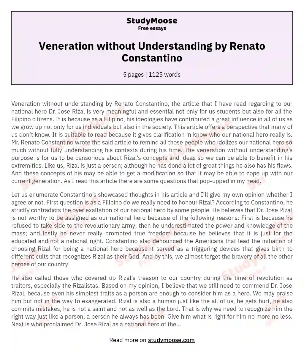 Veneration without Understanding by Renato Constantino essay