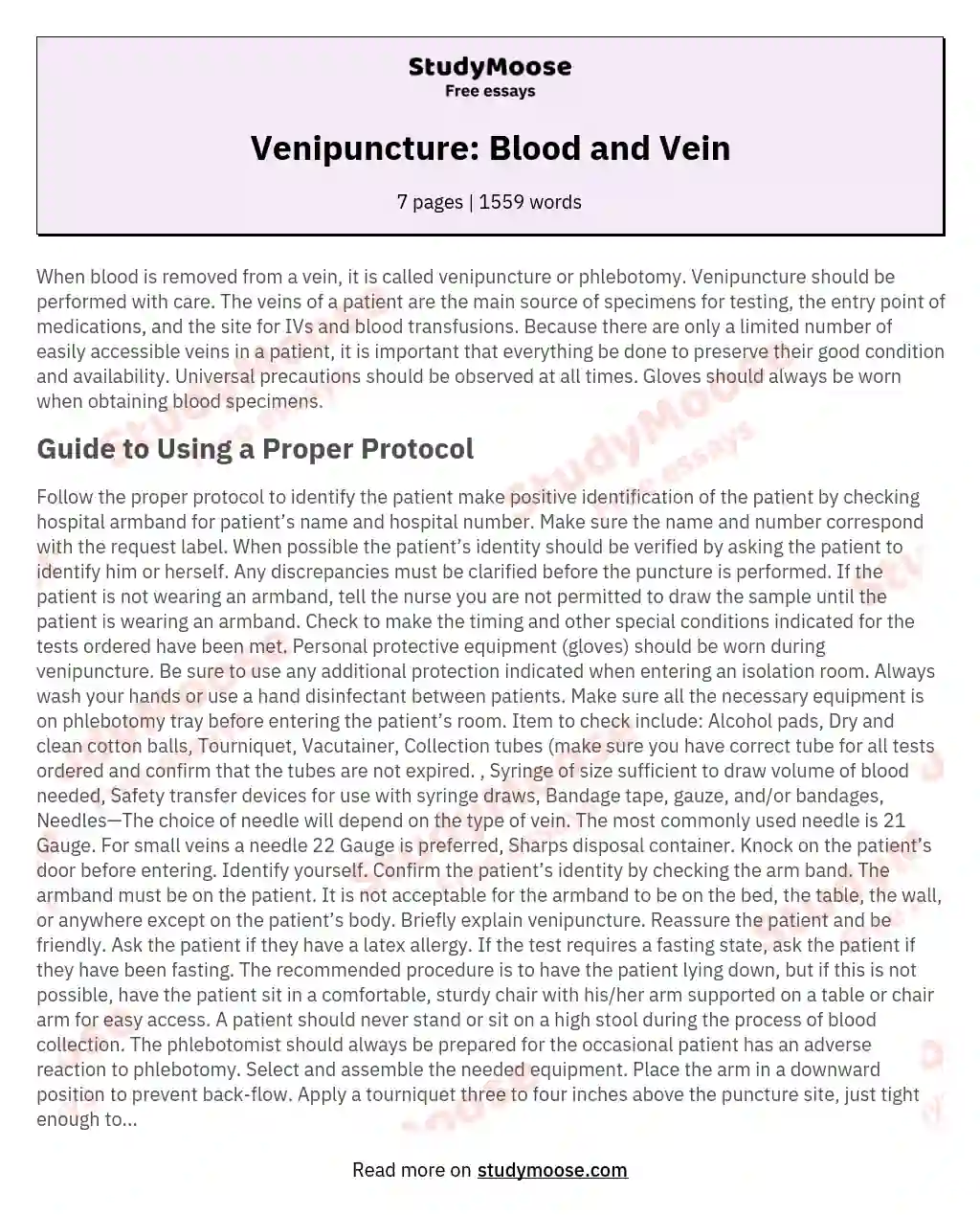 Venipuncture: Blood and Vein essay