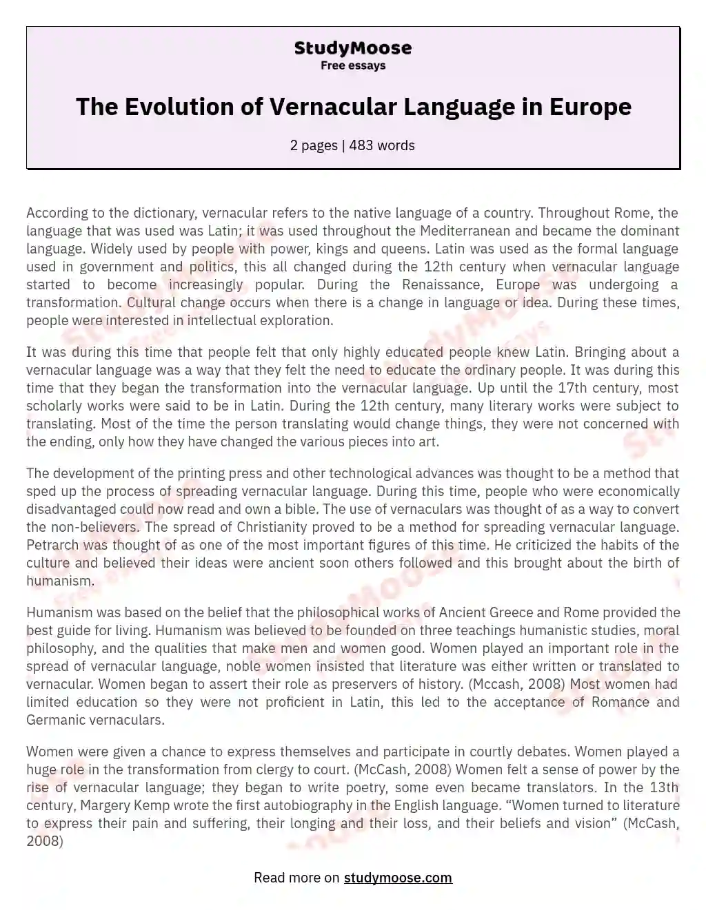 The Evolution of Vernacular Language in Europe essay