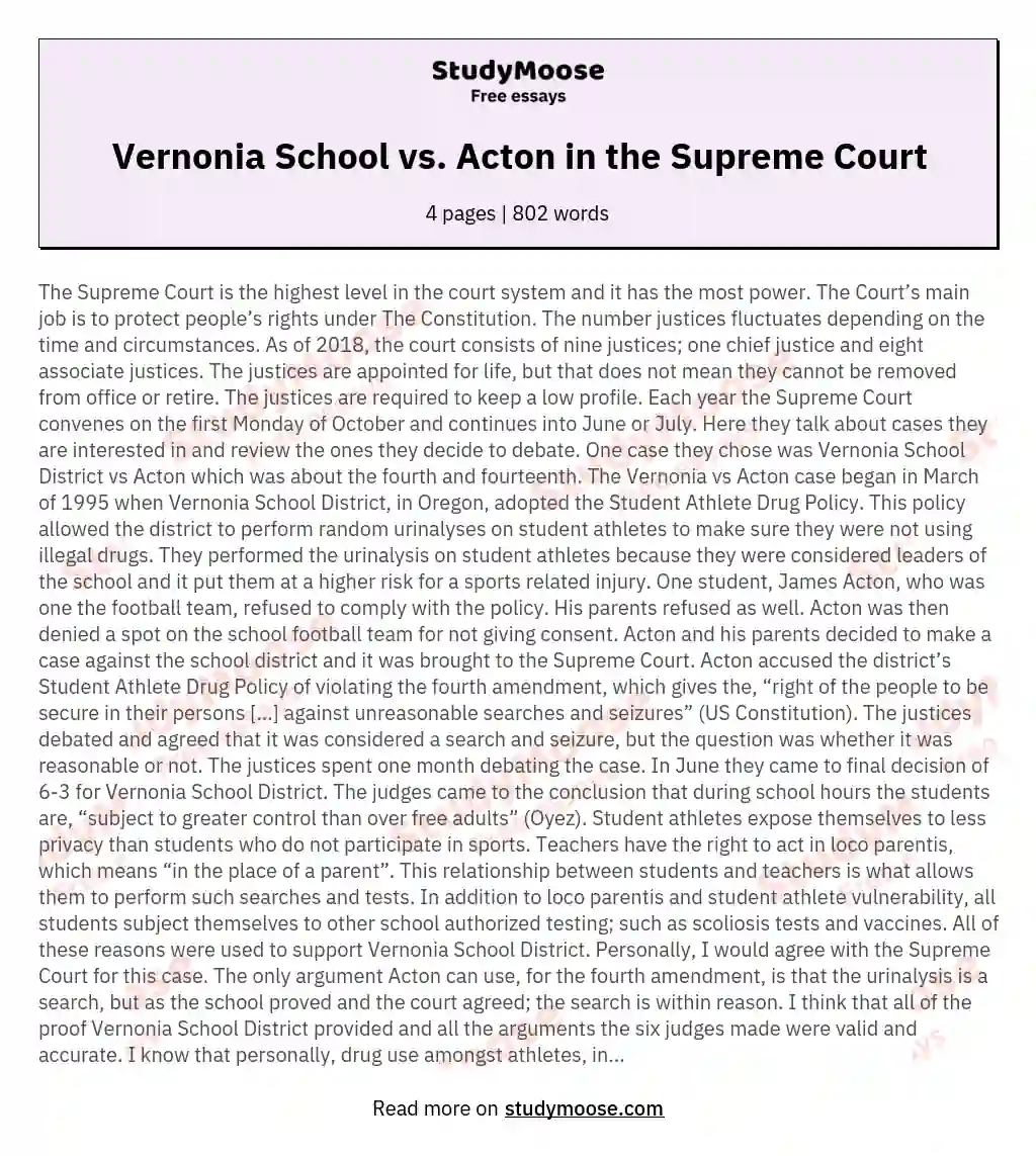 Vernonia School vs. Acton in the Supreme Court essay