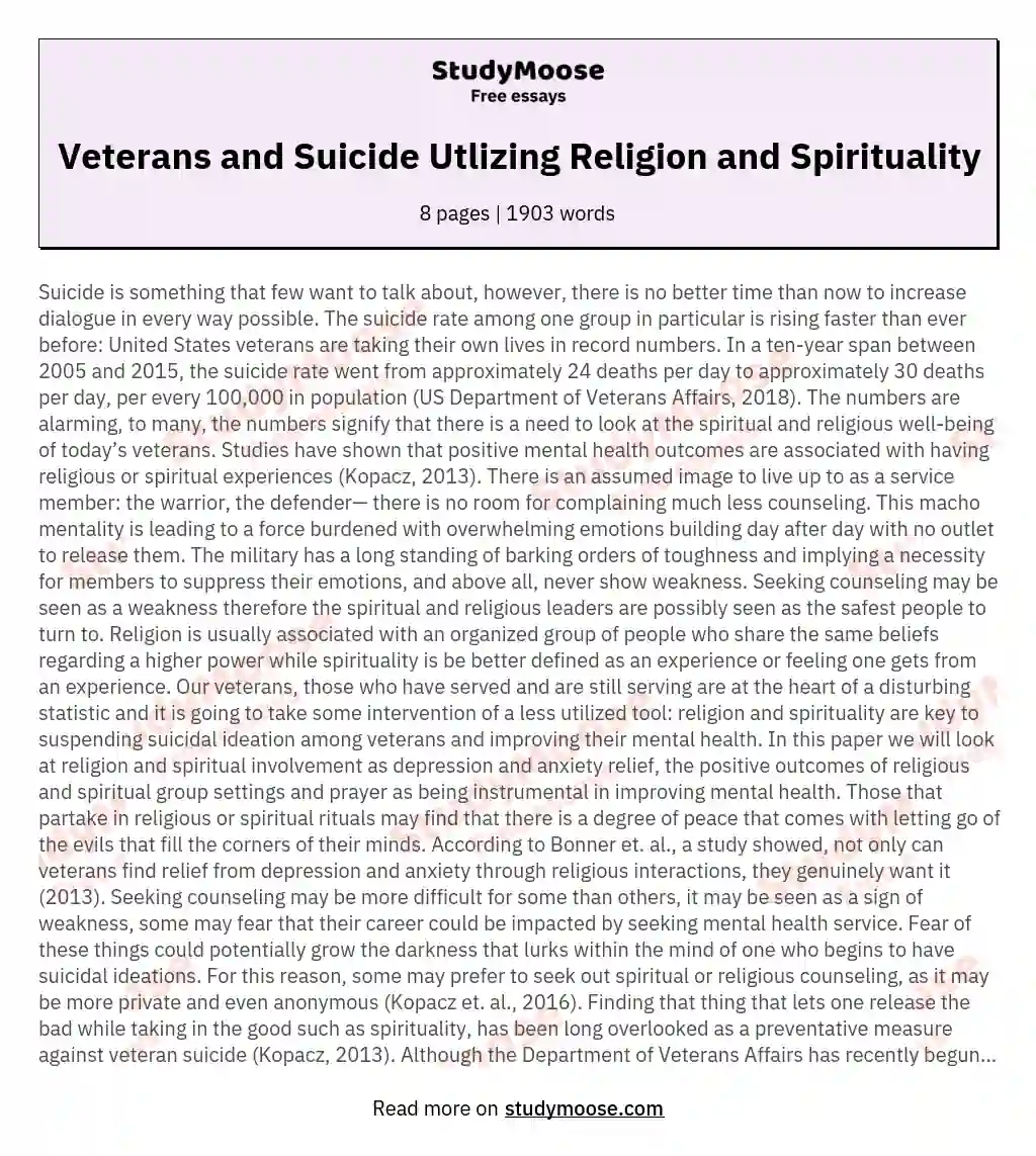 Veterans and Suicide Utlizing Religion and Spirituality essay