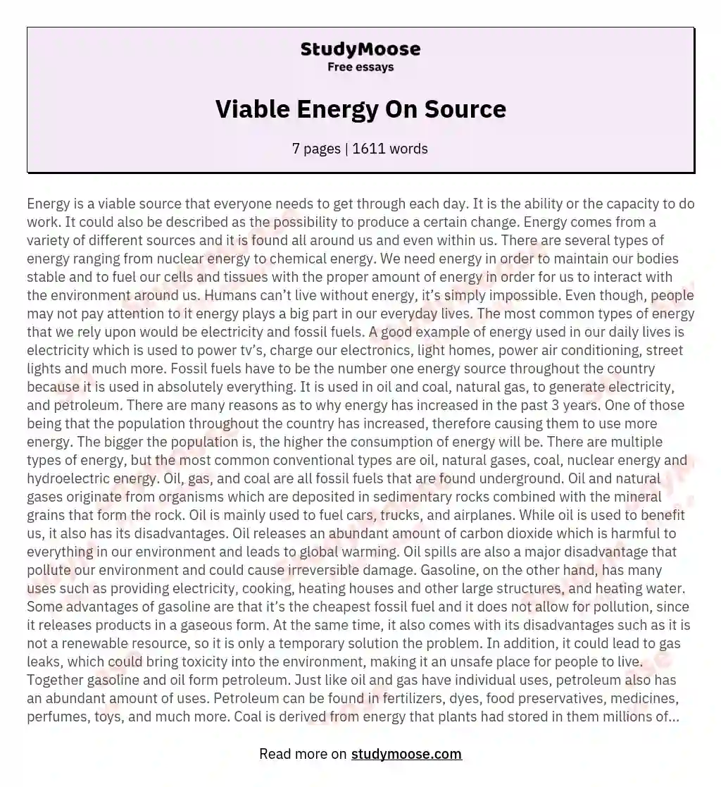 Viable Energy On Source essay