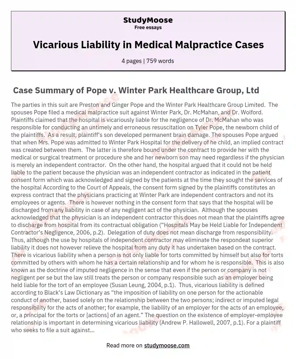Vicarious Liability in Medical Malpractice Cases essay