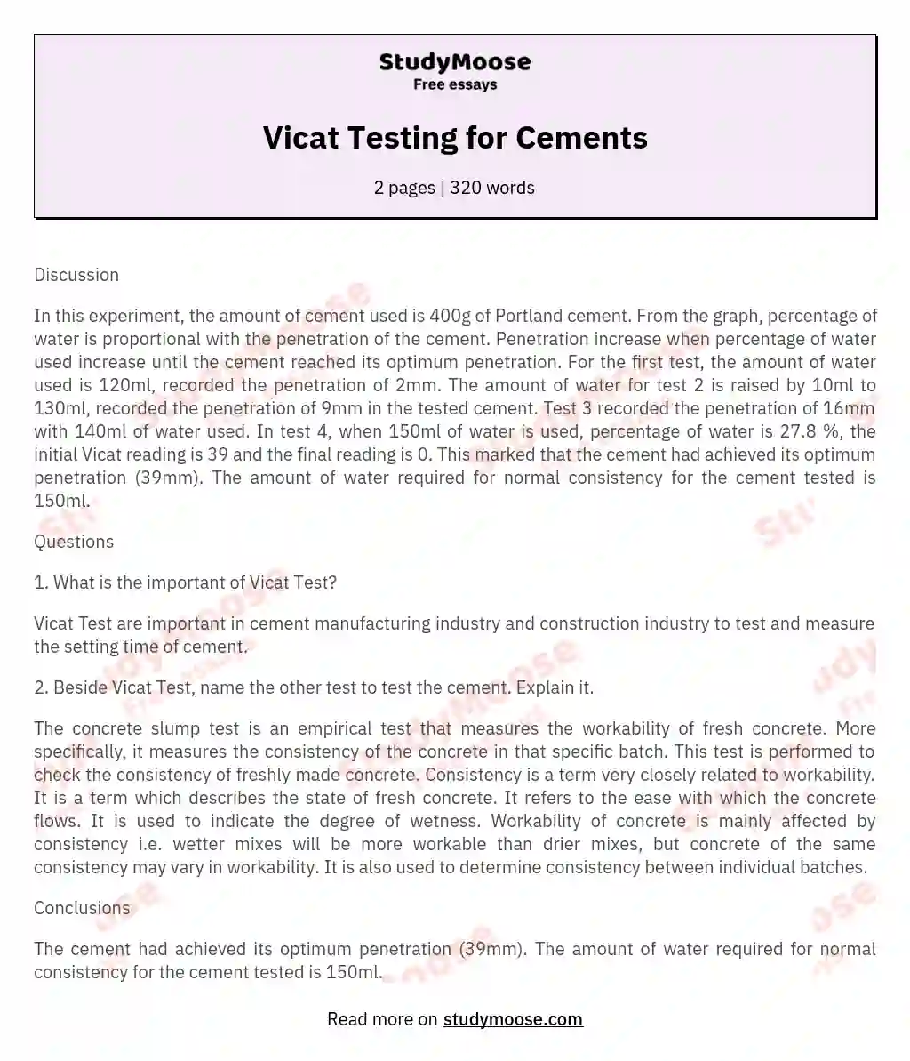 Vicat Testing for Cements essay