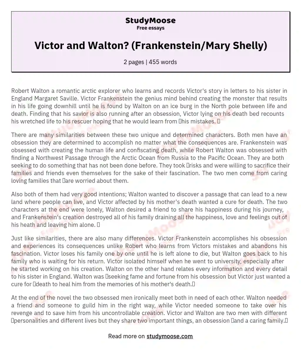 Victor and Walton? (Frankenstein/Mary Shelly) essay