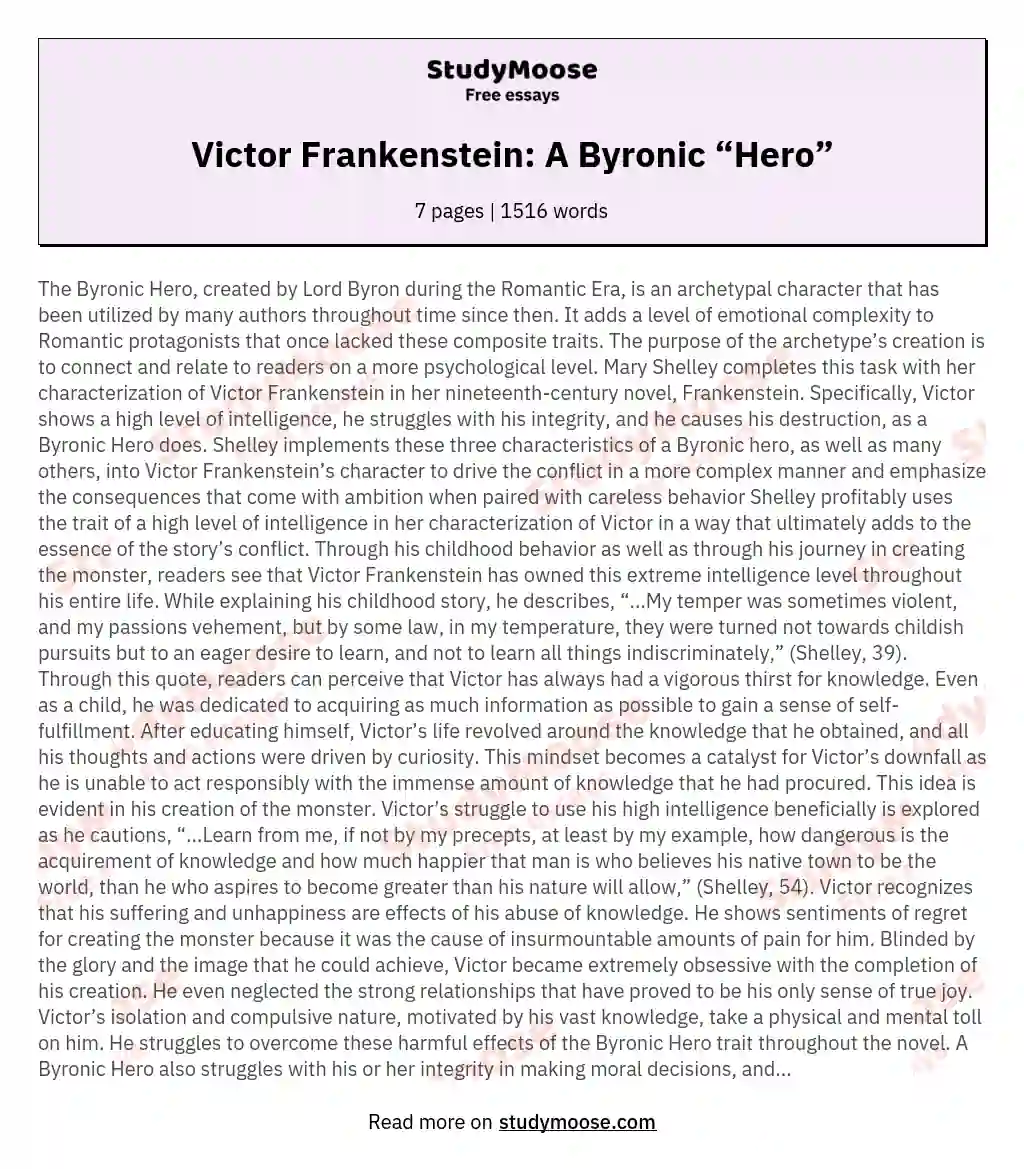 Victor Frankenstein: A Byronic “Hero” essay