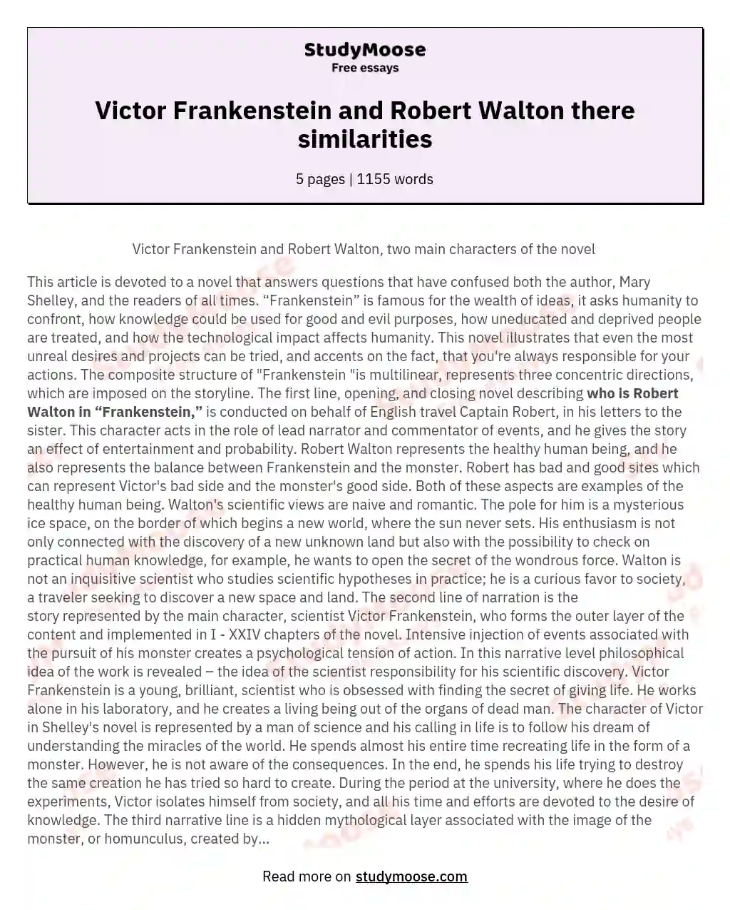 Victor Frankenstein and Robert Walton there similarities essay