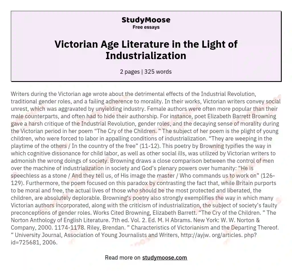 Victorian Age Literature in the Light of Industrialization essay