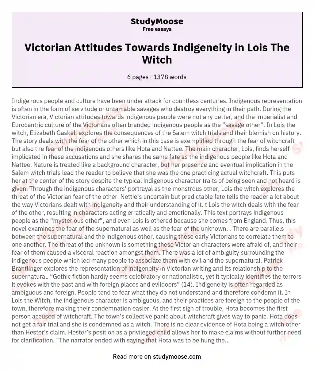 Victorian Attitudes Towards Indigeneity in Lois The Witch essay