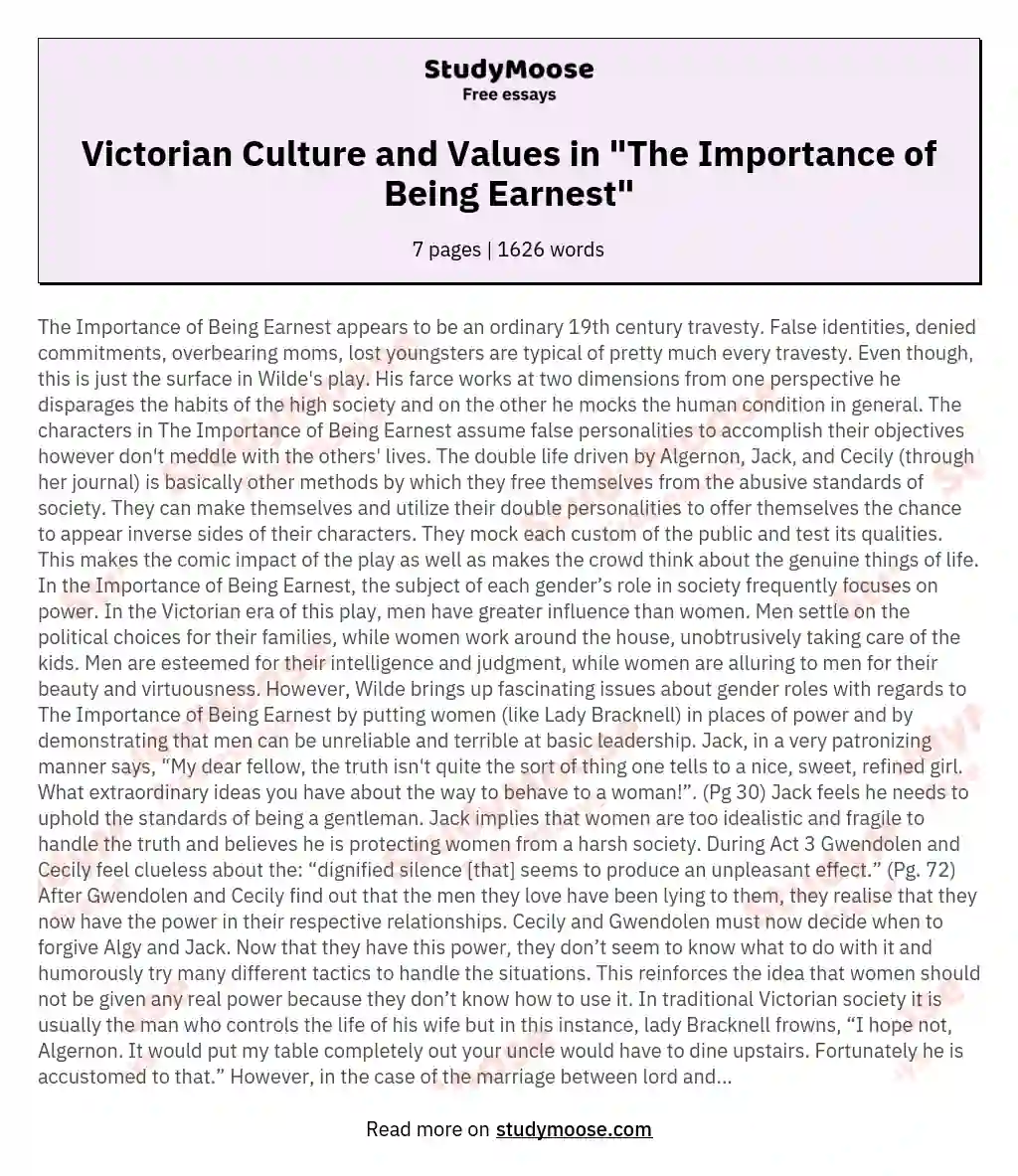 Victorian Culture and Values in "The Importance of Being Earnest"