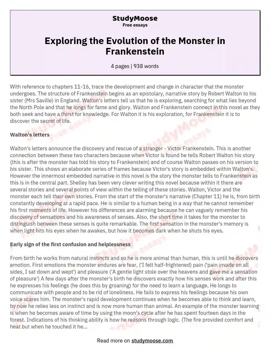 Exploring the Evolution of the Monster in Frankenstein essay