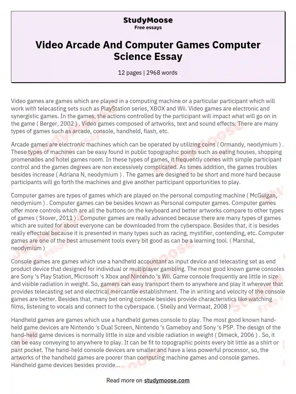 Video Arcade And Computer Games Computer Science Essay
