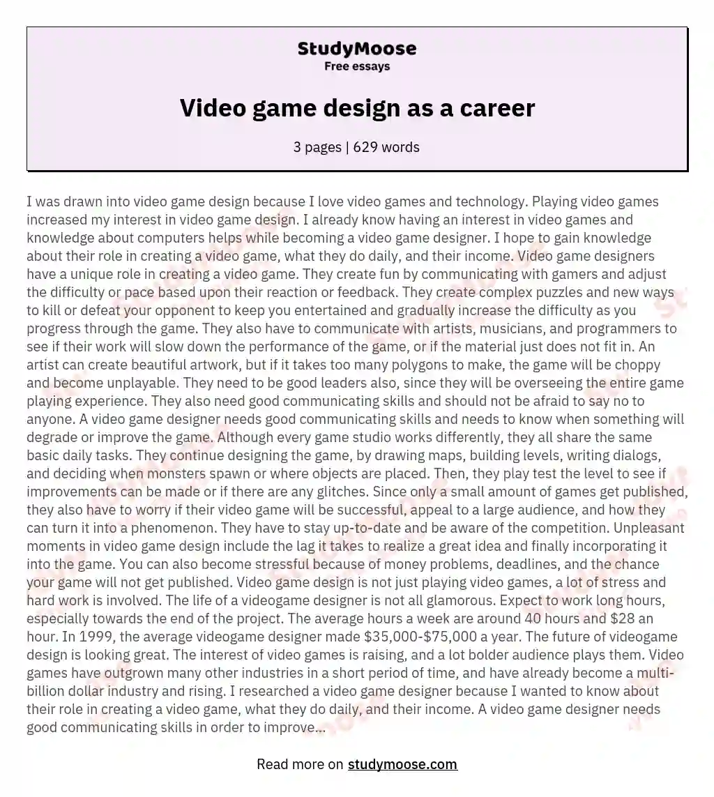Video game design as a career essay
