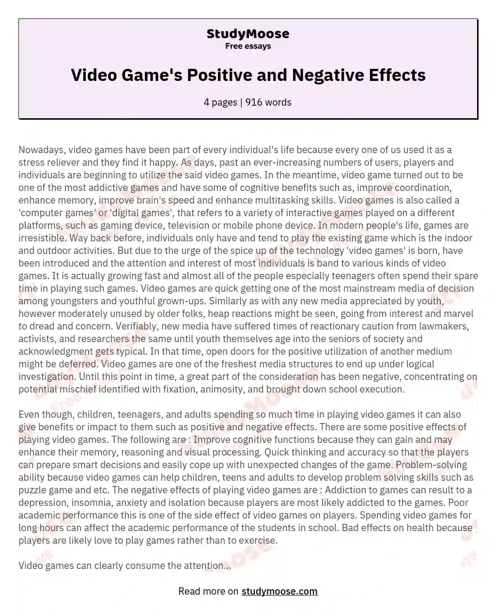 Video Game's Positive and Negative Effects essay