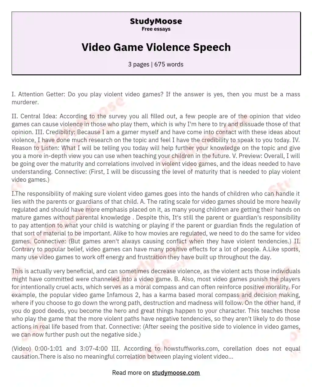 Video Game Violence Speech