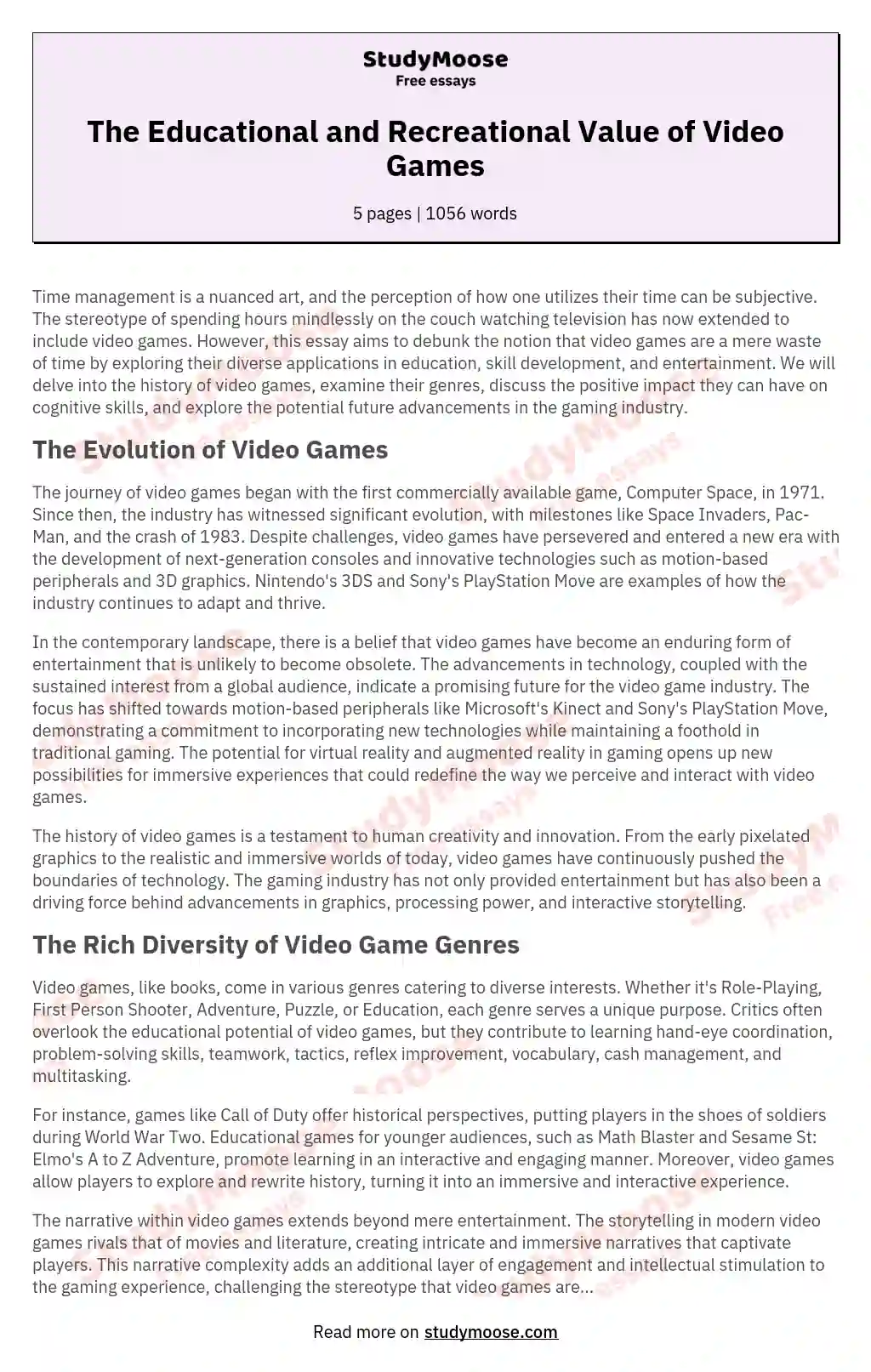 The Educational and Recreational Value of Video Games essay
