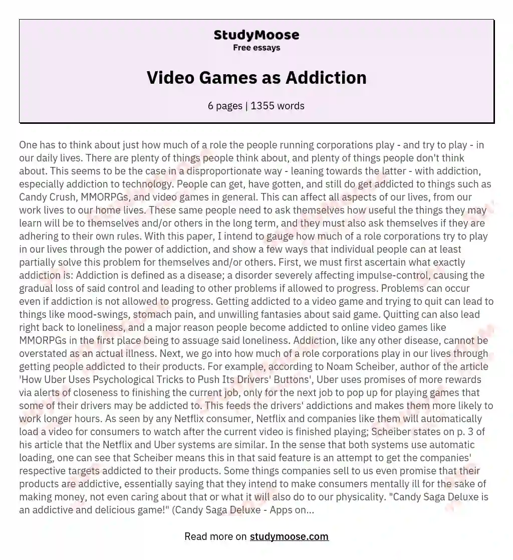 Psychological Effects Of Video Game Addiction Essay